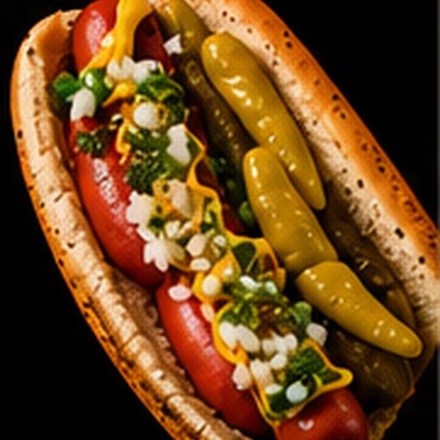Chicago-style Vienna hot dog with mustard, relish, onion, tomato and pickle spear