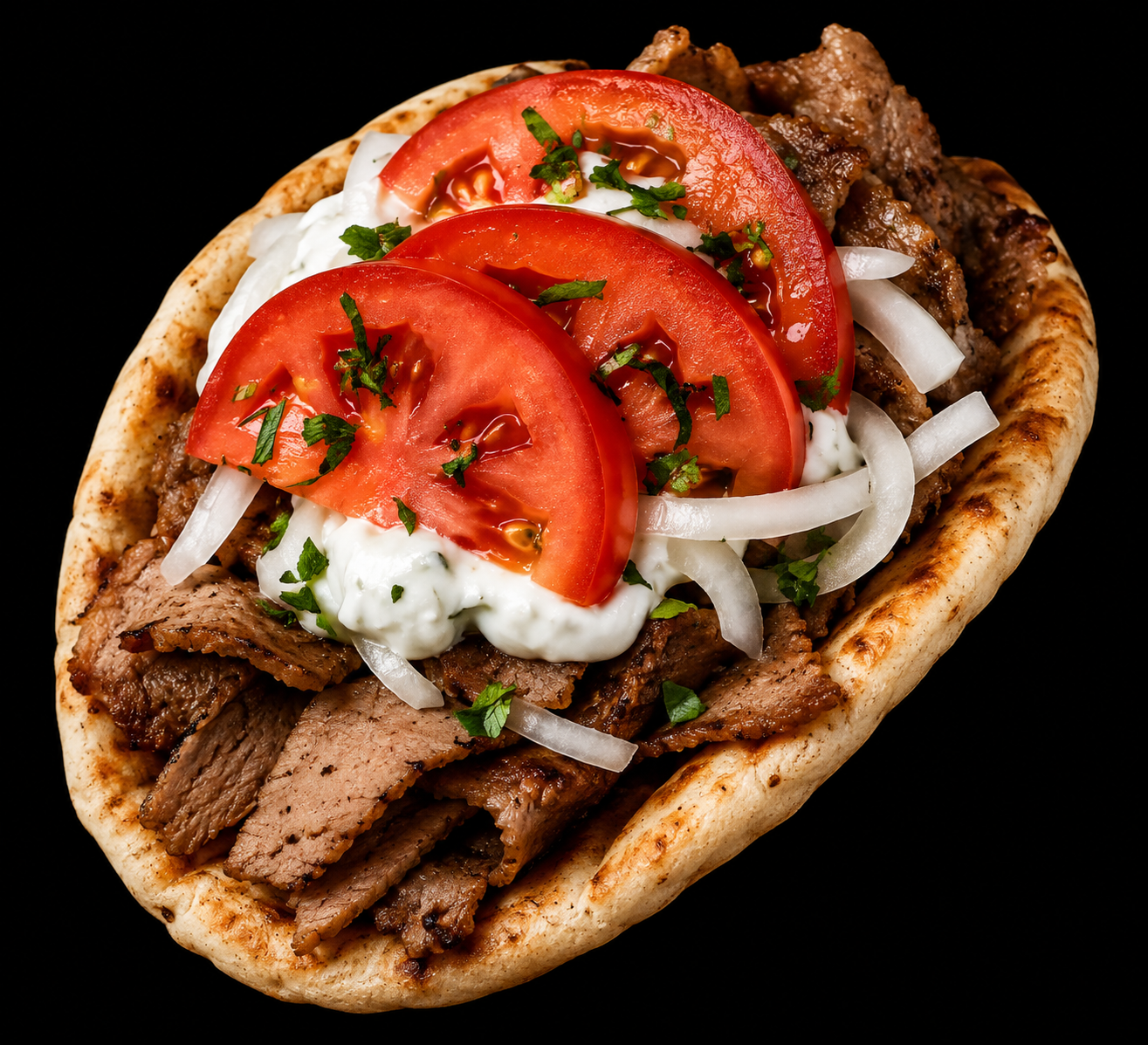 Open gyro pita with gyro meat, tomato, onion and tzatziki sauce
