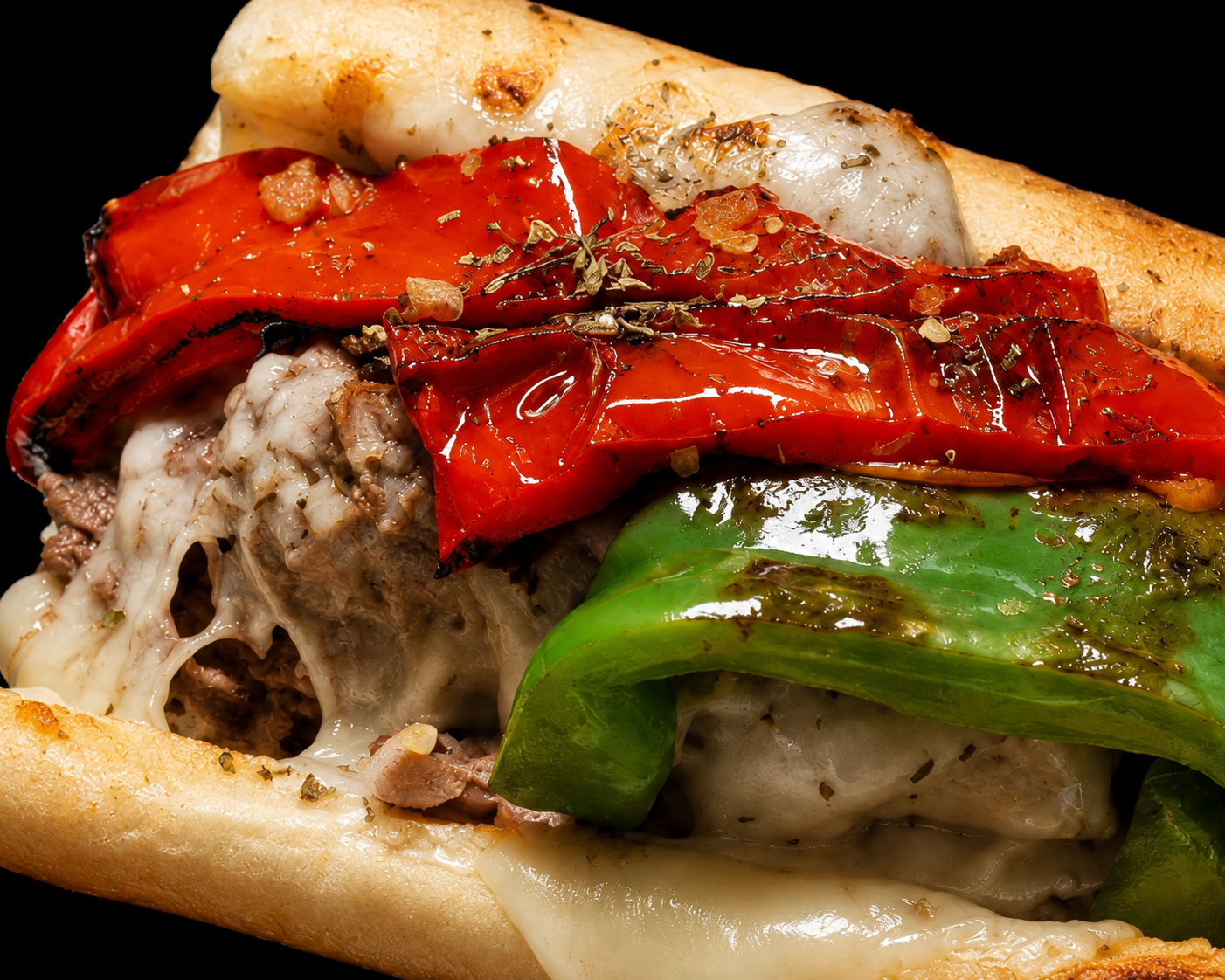 Italian beef sandwich with sweet and hot peppers on French bread