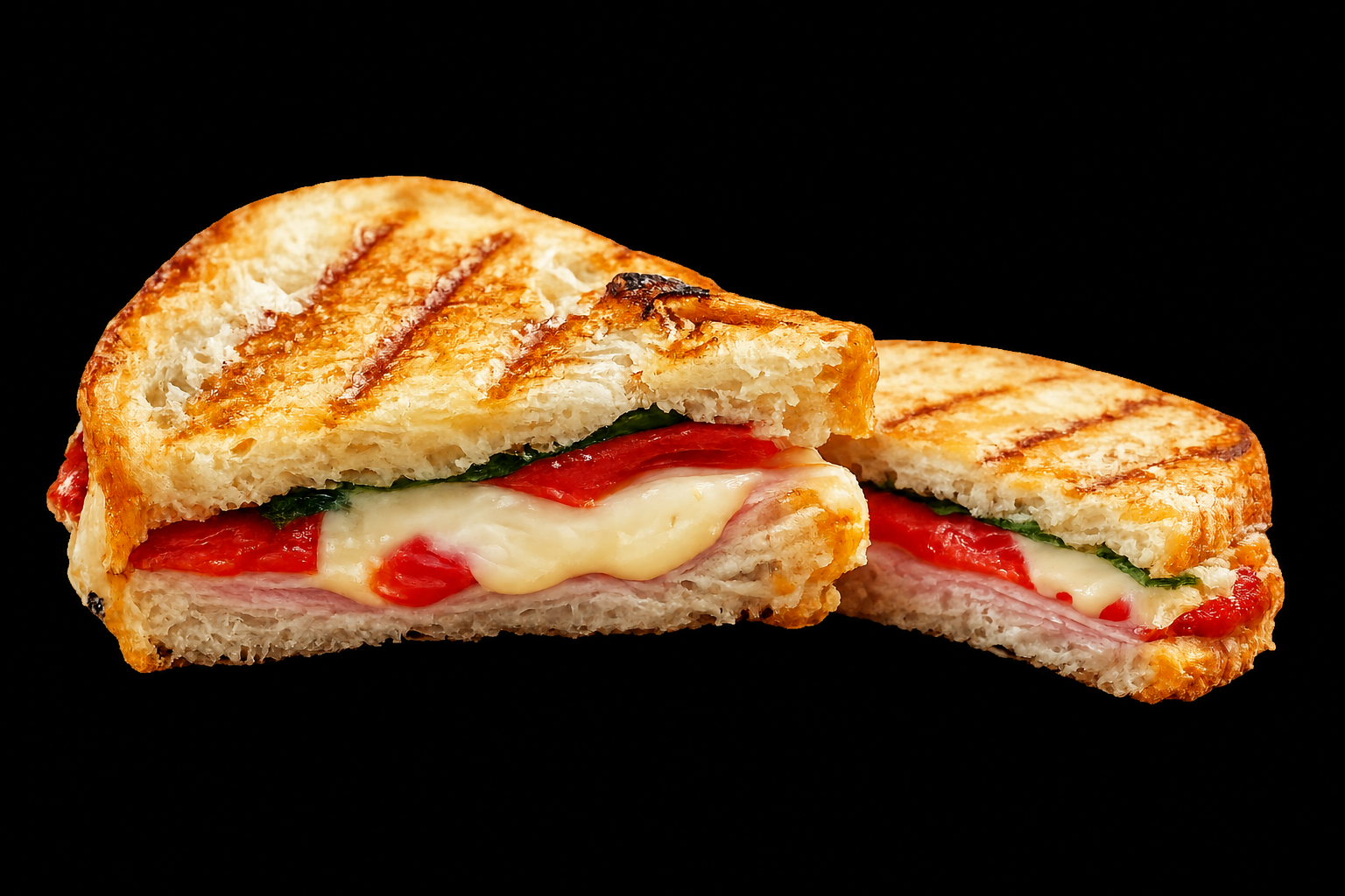Pressed panini sandwich halves with melted cheese and tomato